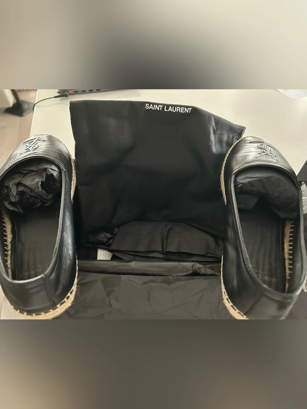 Saint Laurent Black Leather Espadrille Loafers with Jute Trim
